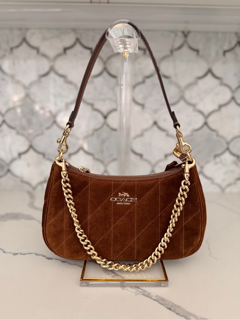 Coach Brown Suede Shoulder Bag with Gold Chain